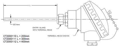 Exoquip Class B PT100 RTD 200X6MM with Head & 4-20mA Transmitter